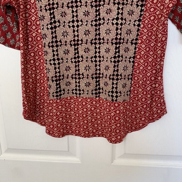 Lucky Brand Women's Shirt Top Size Small Black Tan Red 1/2 Sleeve Crochet - Picture 9 of 10